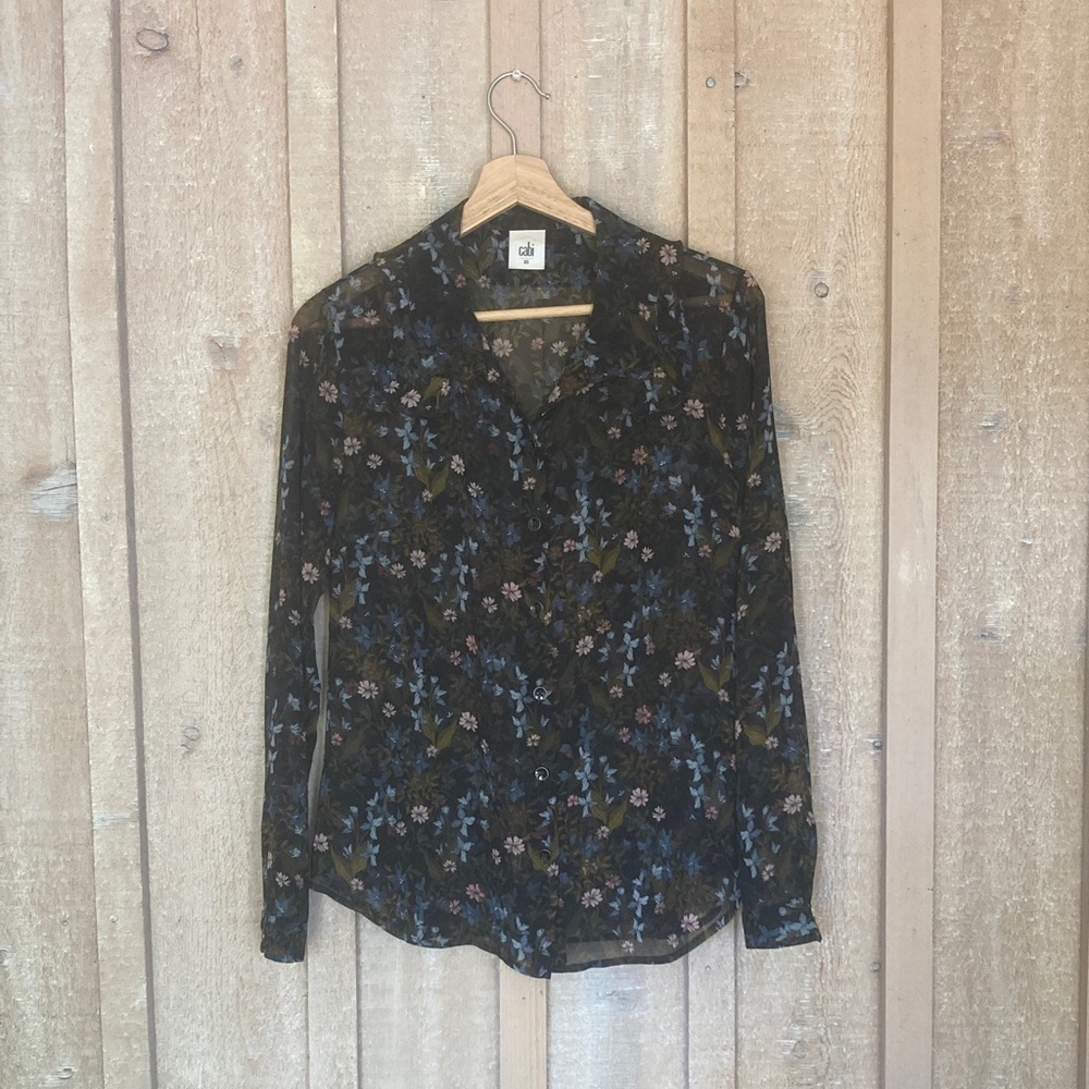 CAbi Black and Blue Floral Button Down Shirt